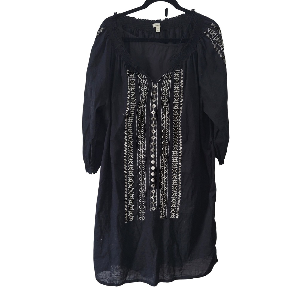 Caslon Womens 2X Tunic Dress Black Embroidered Boho Smocked V-Neck CN292036WN